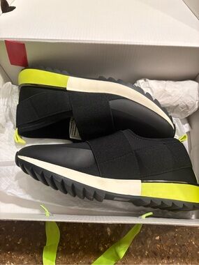Women's Black Slip-On Sneakers with Neon green Accent